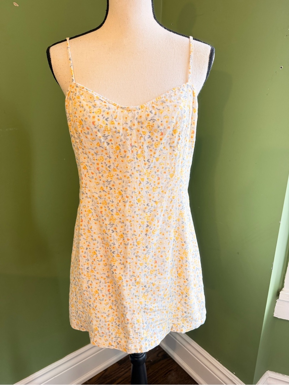 Abercrombie & Fitch Yellow Linen Floral Spaghetti Strap Camisole Dress